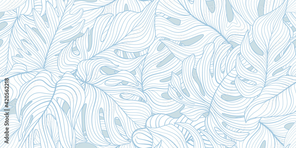 Floral seamless pattern with tropical leaves. Nature lush background. Flourish garden texture with line art leaves Floral seamless pattern with tropical leaves. Nature lush background. Flourish garden texture with line art leaves