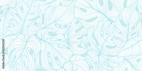 Floral seamless pattern with tropical leaves. Nature lush background. Flourish garden texture with line art leaves. Artistic drawn background