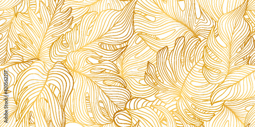 Floral seamless pattern with tropical leaves. Nature lush background. Flourish garden texture with line art leaves. Artistic drawn background