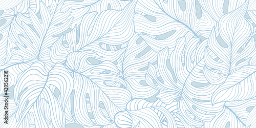 Floral seamless pattern with tropical leaves. Nature lush background. Flourish garden texture with line art leaves