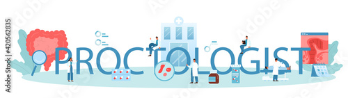 Proctologist typographic header. Doctor examine intestine. Idea of health