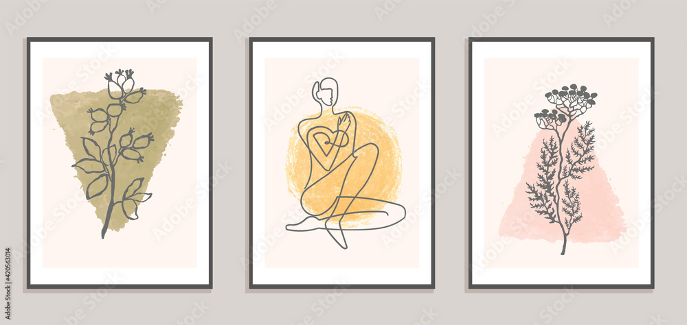 Set with collage modern poster with abstract shapes and one line illustrations of women body Set with collage modern poster with abstract shapes and one line illustrations of women body