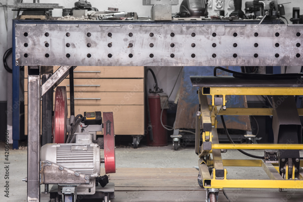 Naklejka premium Metallurgy workshop filled with tools and equipment. Neatly sorted. 