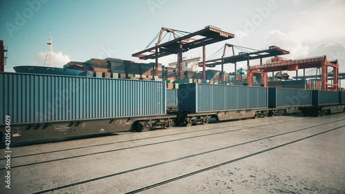 Container train in the port. Cargo train moving in the container terminal. 3d visualization