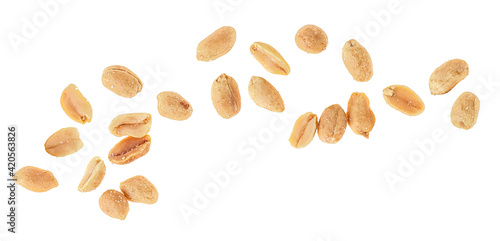 Peeled salted peanuts isolated on a white background, top view.