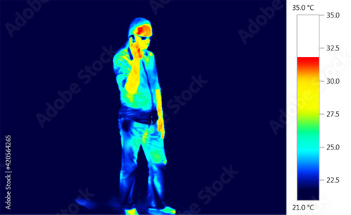 Thermographic thermal heat imaging - human male person using mobile telephone, cellphone radiation photo