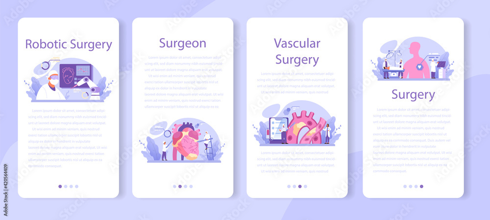 Surgeon mobile application banner set. Doctor performing medical operations