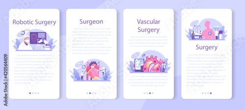 Surgeon mobile application banner set. Doctor performing medical operations