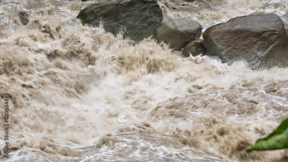 Panorama of rough muddy water and rapids of the Urubamba river after rain in Peru. Panorama of rough muddy water and rapids of the Urubamba river after rain in Peru.