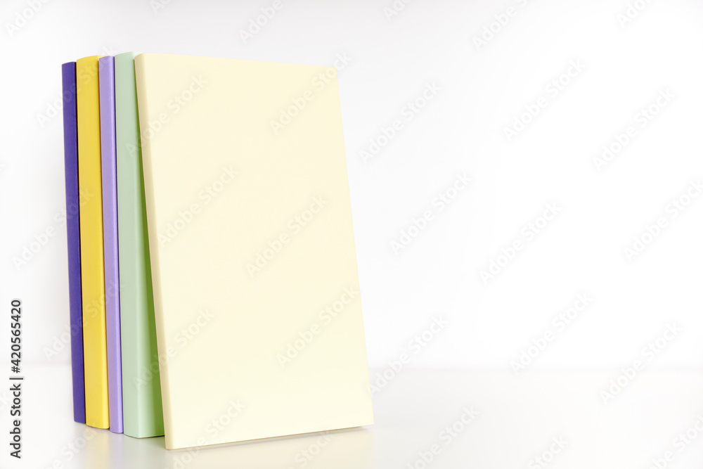 Colored books with blank spine on a white shelf with white background. Colored books with blank spine on a white shelf with white background.