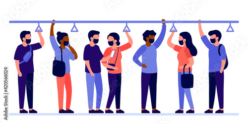 Group of people in protective face mask stand in transport subway, bus. Men and women travel by public transport during coronavirus period. Passengers hold onto handrails. Vector illustration
