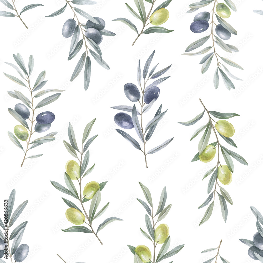 Seamless watercolor pattern of olive branches on a white background. Floral ornament. Seamless watercolor pattern of olive branches on a white background. Floral ornament.