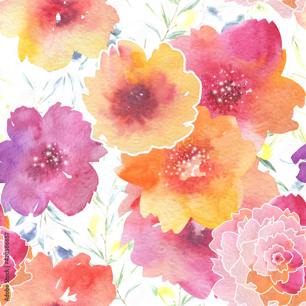 Seamless watercolor pattern of pink flowers and olive branches.