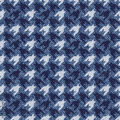 Jeans background with Houndstooth Tartan geometric print fashion design. Denim Seamless Vector Pattern Tile. Blue jeans cloth Dog tooth Check Fabric Texture. English background Glen plaid Pattern
