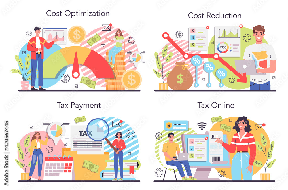 Cost optimization concept set. Idea of financial and marketing strategy.
