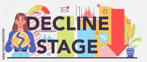 Decline stage typographic header. Bankruptcy with falling down profit