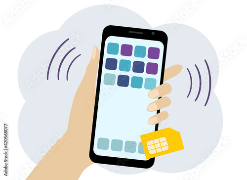 Hand with mobile phone and sim card. Operator selection