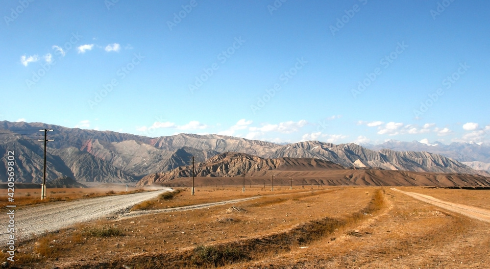Beautiful mountains in Kyrgyzstan near Kazarman. Beautiful landscape with mountains at Kyrgyzstan on sunny day