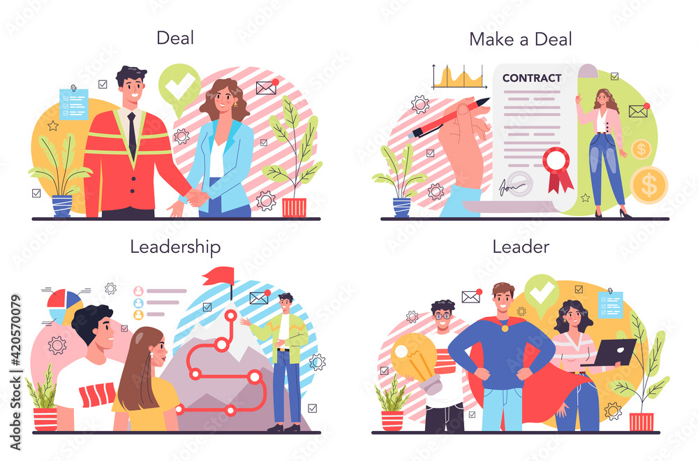 Deal concept set. Official contract and business handshake. Idea of partnership Deal concept set. Official contract and business handshake. Idea of partnership