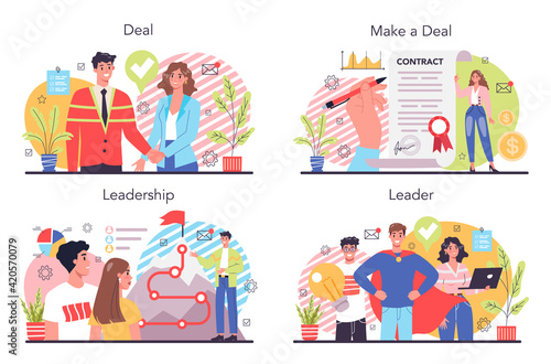 Deal concept set. Official contract and business handshake. Idea of partnership