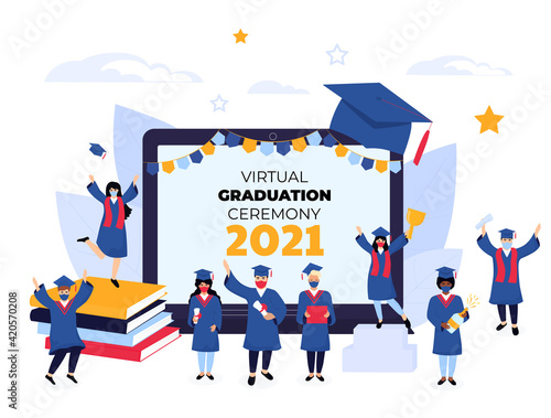 Virtual online graduation ceremony on a laptop monitor during coronavirus quarantine. Tiny graduates in protective masks, in gowns and mortarboards celebrate completion of studies. Class of 2021