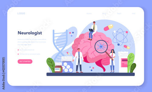 Neurologist web banner or landing page. Doctor examine human brain.