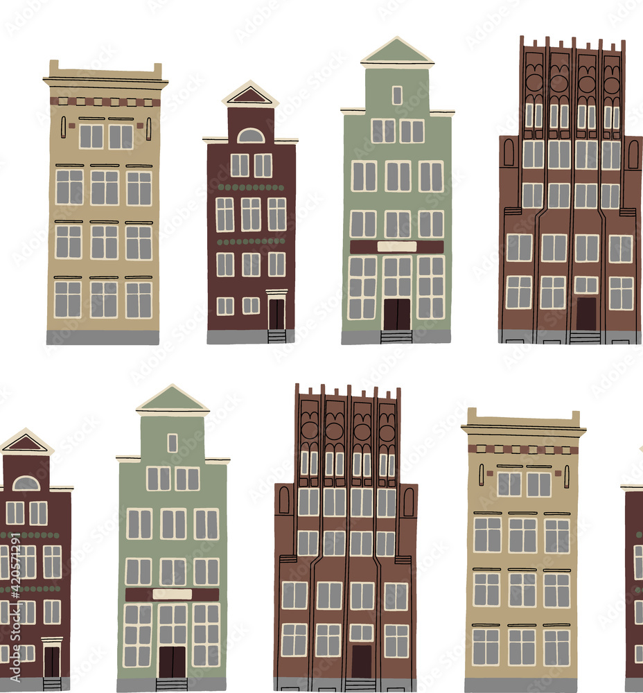 Vector seamless color pattern with old town city cute houses. Hand drawn illustration isolated on white background. For wrapping, fabric, wallpaper.