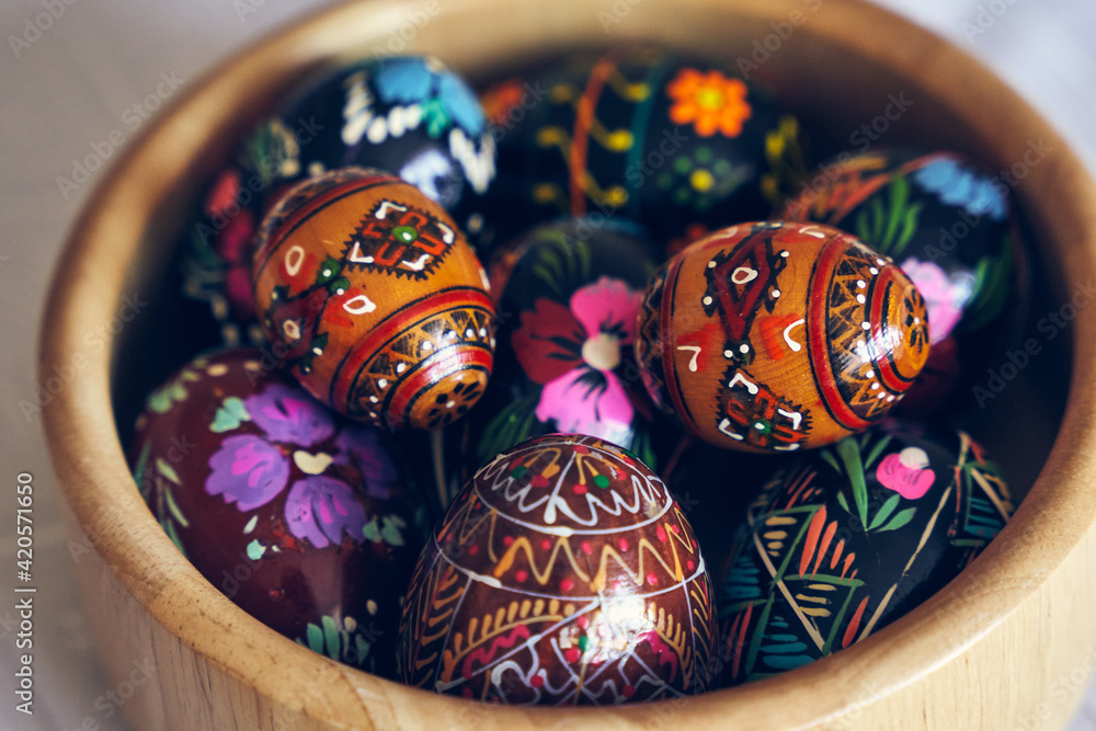 Easter egg, decorated with traditional Polish folk designs. Polish pisanka richly ornamented using various techniques. Easter table decoration idea for home. Easy decorating ideas for Easter. Easter egg, decorated with traditional Polish folk designs. Polish pisanka richly ornamented using various techniques. Easter table decoration idea for home. Easy decorating ideas for Easter.