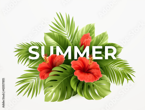 Tropical summer background. Tropical palm leaves, monstera with hibiscus flowers and Summer lettering. Vector illustration