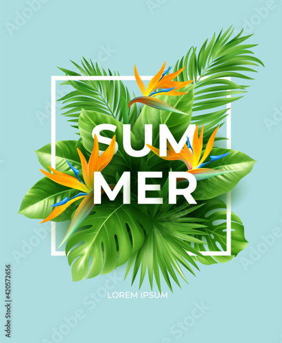 Summer tropical background with Strelitzia flowers and tropical leaves. The inscription Summer on a background of tropical green leaves. Vector illustration