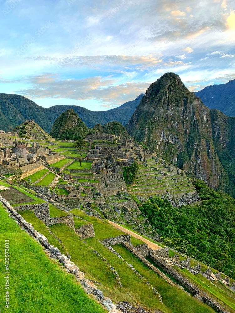 Machu Picchu Peru Inca lost city majestic landscape. Huayna Picchu mountain.