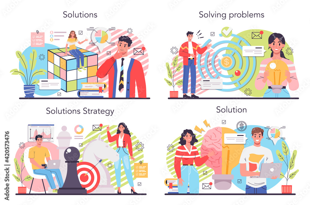 Solution concept illustration set. Solving the problem and finding creative Solution concept illustration set. Solving the problem and finding creative