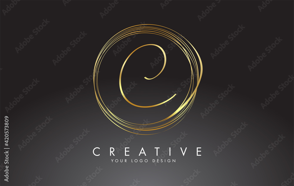 Handwritten C Golden Letters Logo with a minimalist design. C Icon with Circular Golden Circles. Handwritten C Golden Letters Logo with a minimalist design. C Icon with Circular Golden Circles.