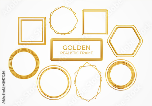 Set of gold metal realistic frames of different shapes isolated on white background. Vector illustration