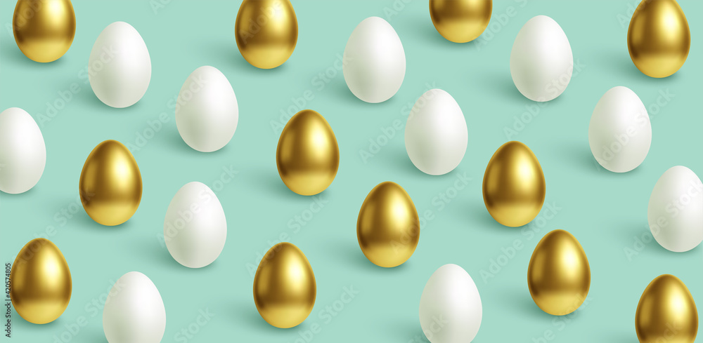Happy Easter festive blue background with gold and white Easter eggs. Vector illustration