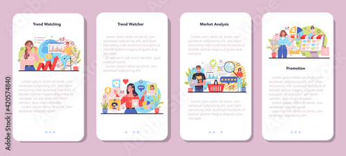 Trend watcher mobile application banner set. Specialist in tracking