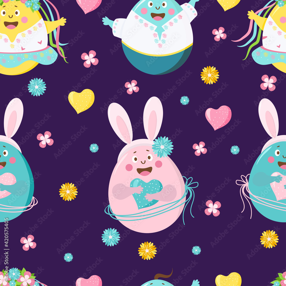 Happy Easter seamless pattern. Funny Easter eggs - girls and boys with faces, emotions and hands, with bunny ears on a purple background with flowers. Vector. For design, decoration, print, wallpaper Happy Easter seamless pattern. Funny Easter eggs - girls and boys with faces, emotions and hands, with bunny ears on a purple background with flowers. Vector. For design, decoration, print, wallpaper