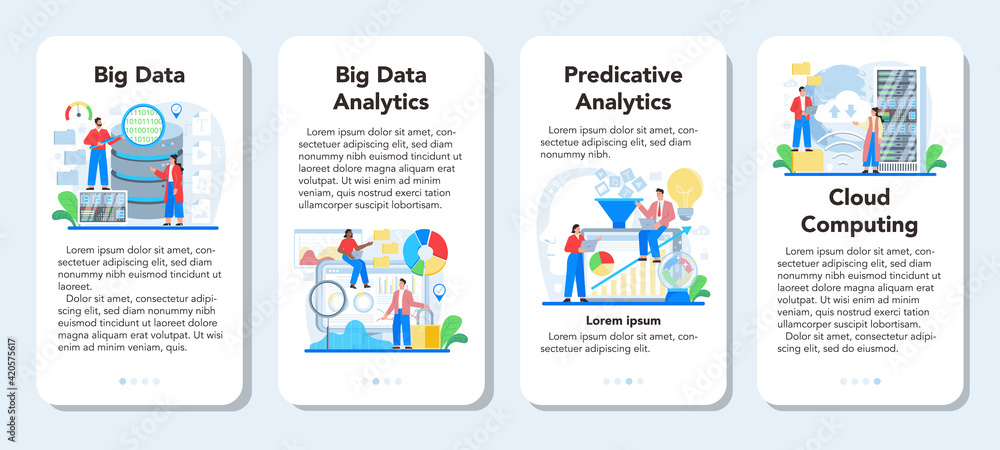 Business big data analytics mobile application banner set. Chart and graph