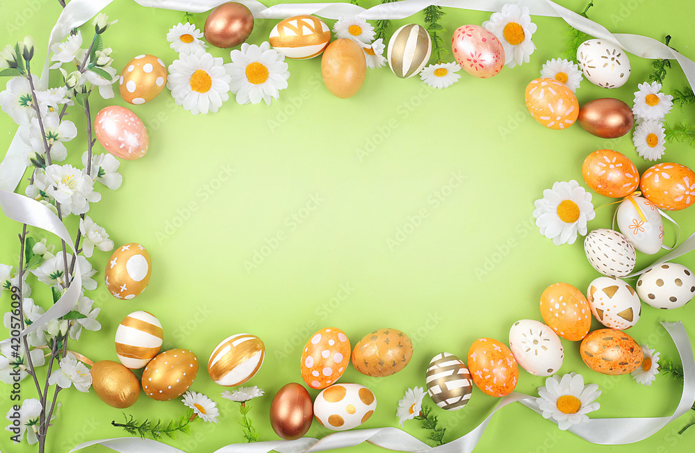 Fototapeta Decorated Easter eggs with place for text. Minimal holiday concept. Happy easter background. Creative painting of eggs, idea of simple drawings for coloring, postcard, banner for screen,