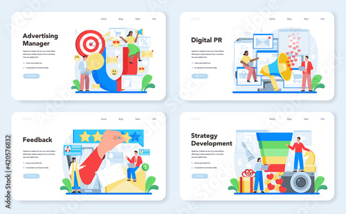 Public relations web banner or landing page set. Idea of making announcements