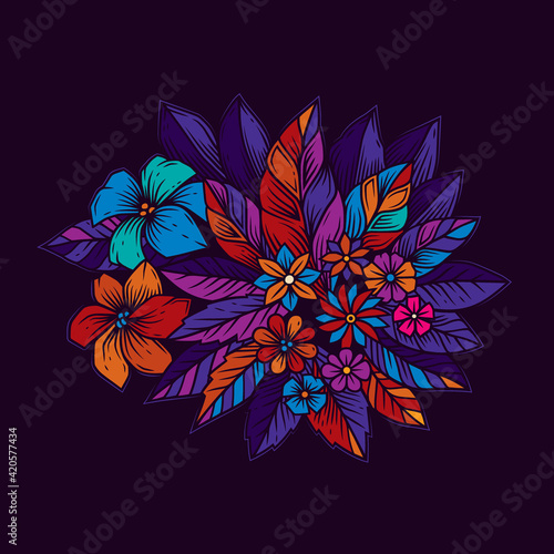 Original vector illustration in neon style. A bright bouquet of flowers.