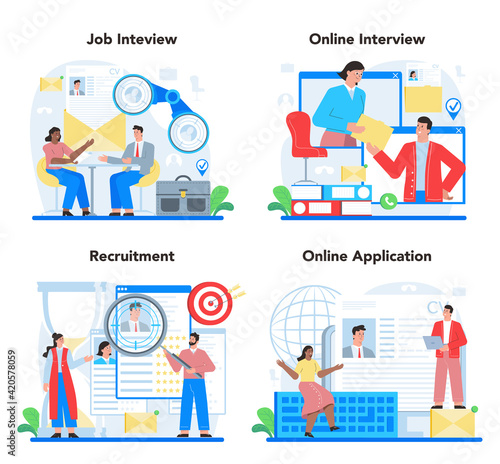 Job interview concept set. Idea of employment and hiring procedure