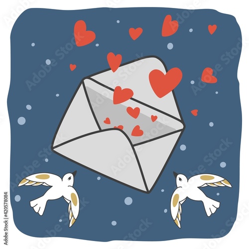 Open envelope with flying hearts from inside and two birds on sky. Message with love concept. Flat vector illustration.