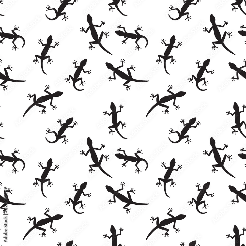 Naklejka premium Black silhouette creeping of lizard on white background. Seamless pattern. Vector Illustration