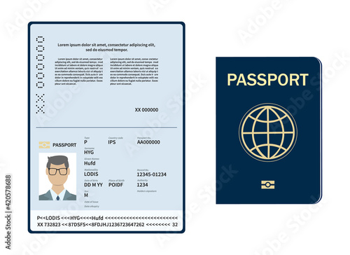 Vector Blank open passport template. International passport with sample personal data page. Vector illustration. photo