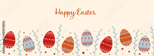 Easter egg pussy willow frame border seamless pattern. Vector illustration. Great for Easter, gift wrapping, wallpaper, textiles and scrapbook.