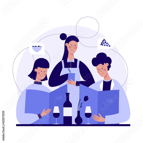 Man and woman sit at table with wine, reading menu, order meal. Waitress serving people at restaurant. Couple eating out, ordering food in restaurant or cafe and waiter standing near taking order