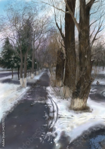 Alley leading to the house. City center. The work was done using the Krita program. photo