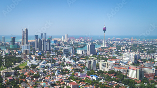 Background View of the Colombo city skyline with modern architecture buildings including the lotus towers.