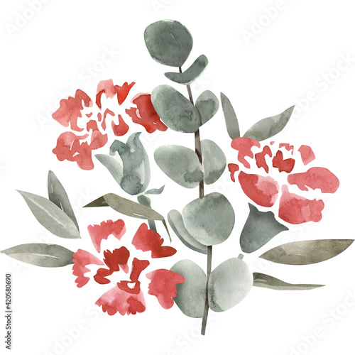 Elegant summer watercolor floral bouquet isolated on white background. Burgundy carnation, eucalyptus and green leaves. Seasonal wedding keeping the date frame.